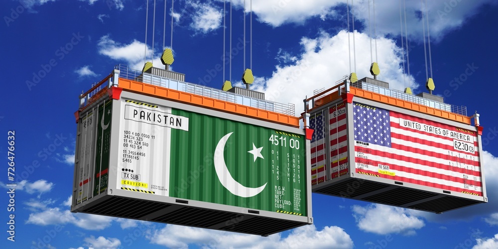 Shipping containers with flags of Pakistan and USA - 3D illustration