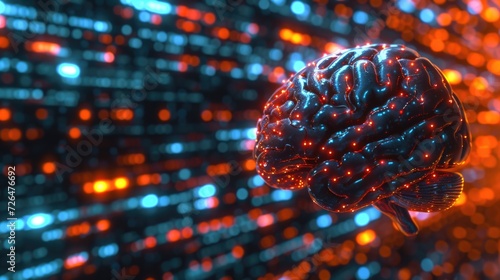 A human brain is depicted in front of a background of blue and red lights. photo