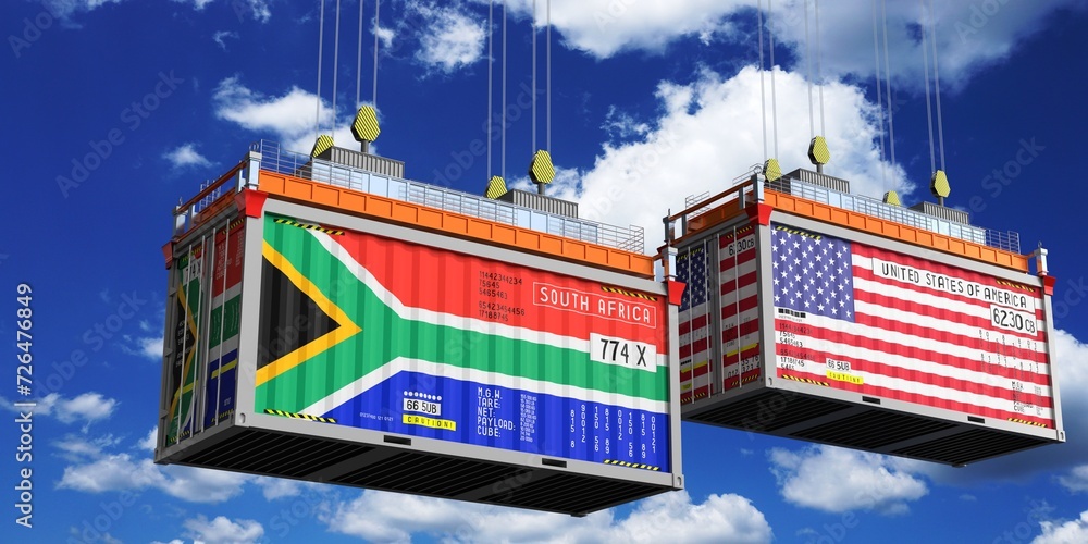 Shipping containers with flags of South Africa and USA - 3D illustration