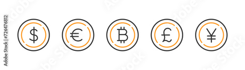 World currency icon set. Euro, usd dollar, bitcoin, yen, pound, cryptocurrency. Money symbol, coin.