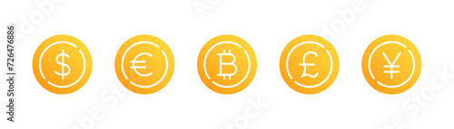 World currency golden coin icon set. Euro, usd dollar, bitcoin, yen, pound, cryptocurrency. Money symbol, financial investment, crisis.