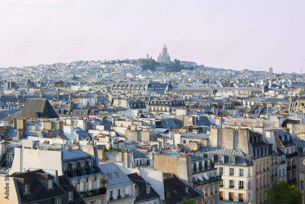 View of the city of Paris with the Church of the Sacred Heart in the background on the Montmartre hill