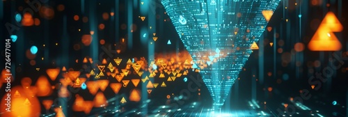 Banner showing a digital rain of cryptocurrency symbols falling into a glowing digital funnel, representing the consolidation and flow of digital assets. photo