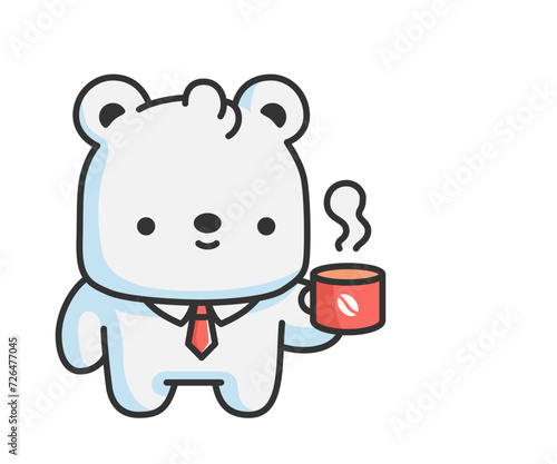 Cute white polar bear character with cup of coffee. Office clerk lifestyle. Simple flat vector illustration.