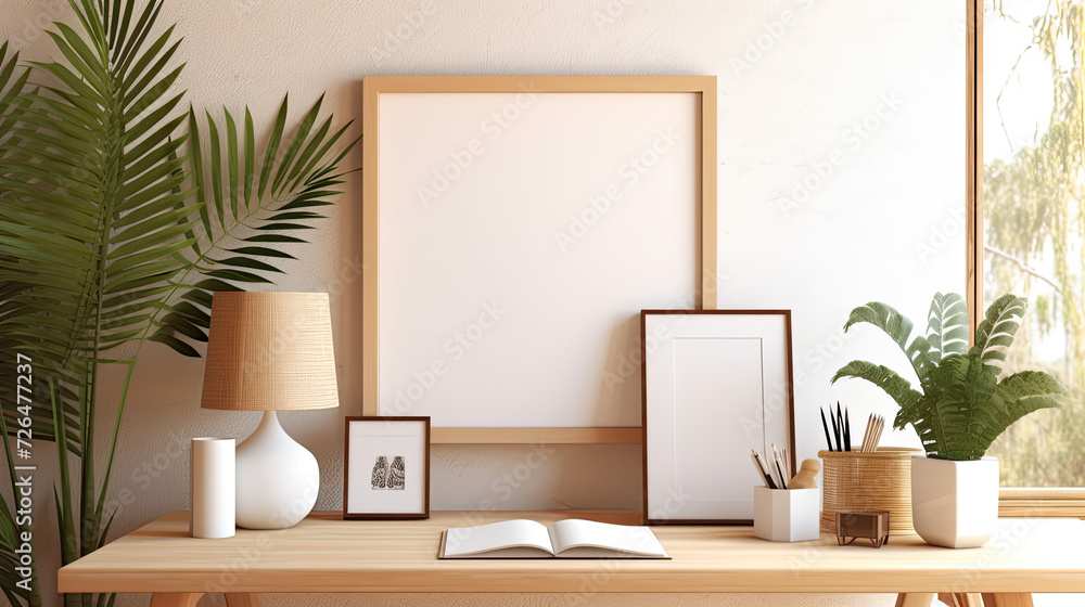 Blank Picture Frame in Modern Home Office - Generative AI Blank Picture Frame in Modern Home Office - Generative AI