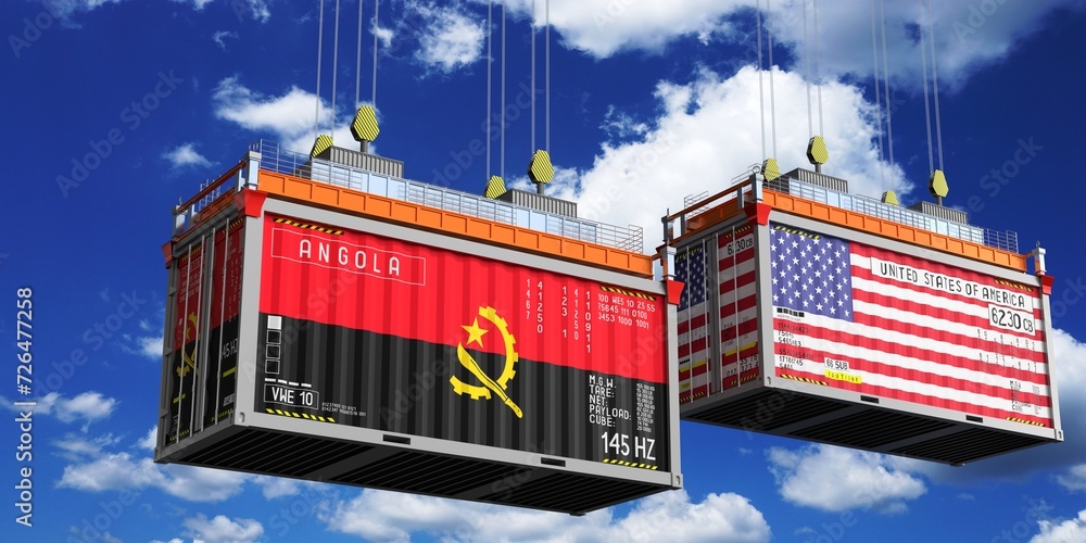 Shipping containers with flags of Angola and USA - 3D illustration