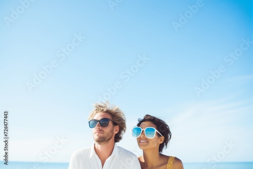couple with sunglasses, wide ocean and clear sky backdrop