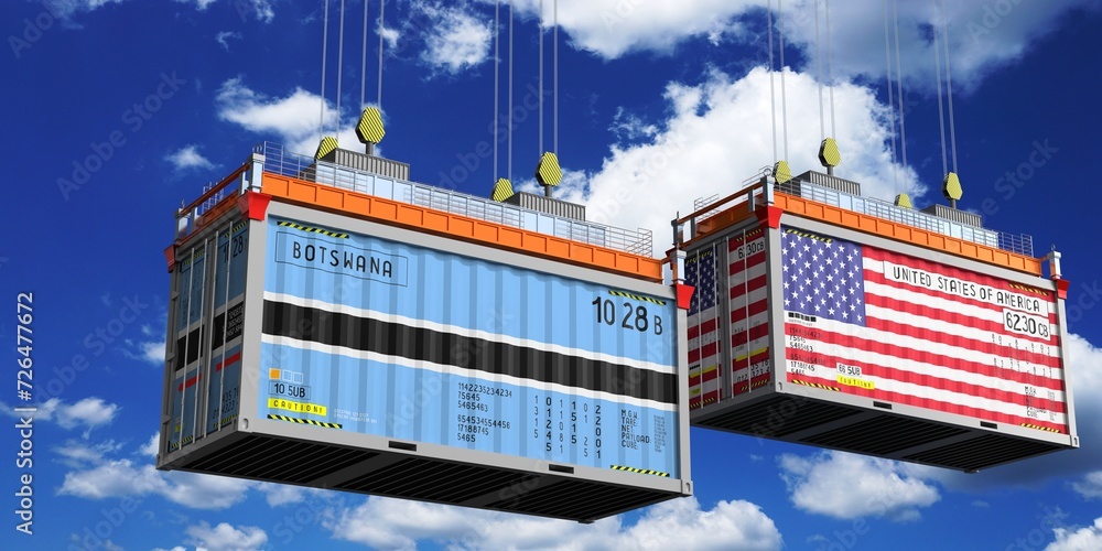 Shipping containers with flags of Botswana and USA - 3D illustration