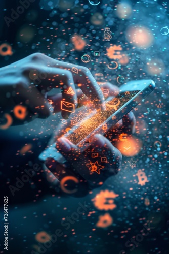 Conceptual image of a person holding a smartphone, with digital currency symbols and data streaming out, symbolizing mobile access to cryptocurrency markets.