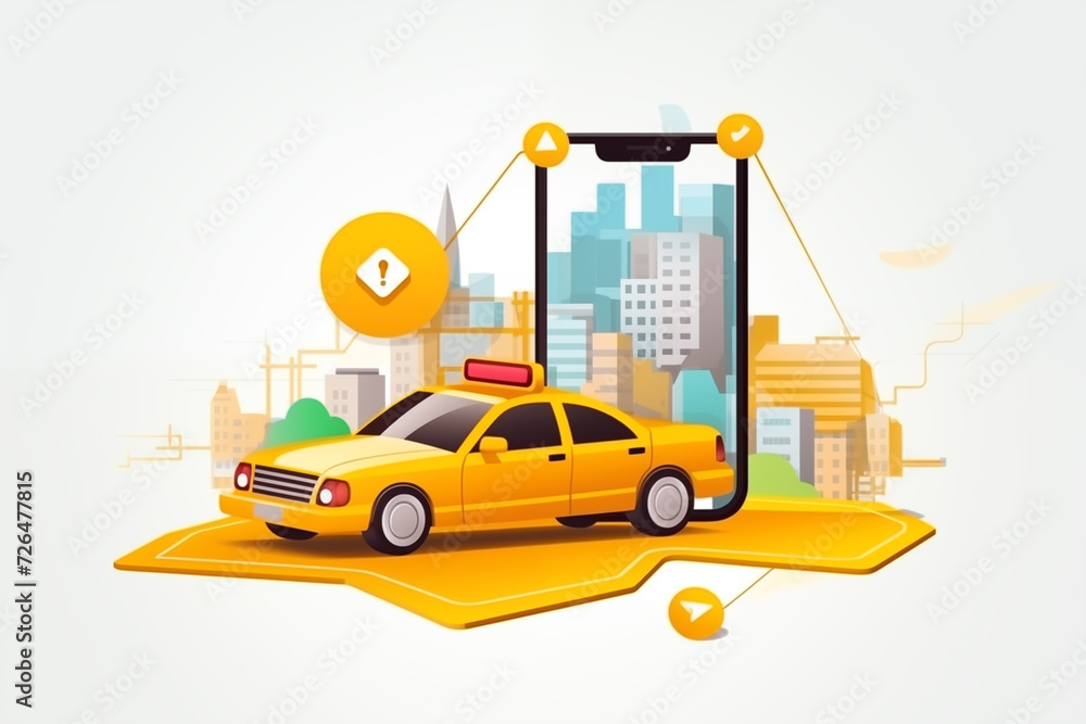 Naklejka premium The image depicts a yellow toy car on a road, featuring classic transportation design,Taxi service application on mobile,