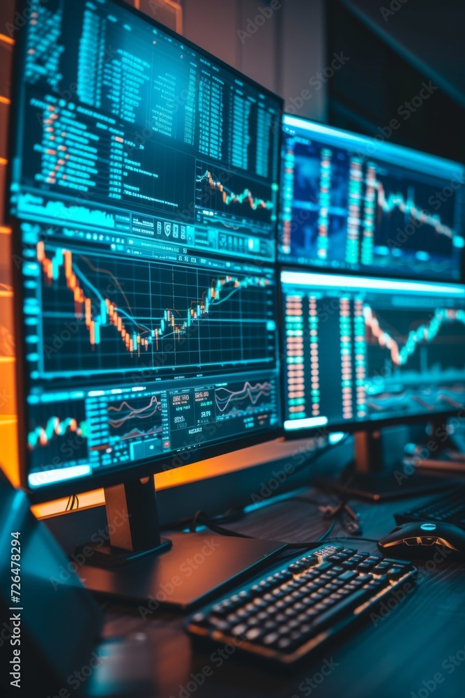 Image of a sleek, modern workspace with multiple screens displaying cryptocurrency markets, coding software, and digital graphs, symbolizing a professional cryptocurrency trading environment. Image of a sleek, modern workspace with multiple screens displaying cryptocurrency markets, coding software, and digital graphs, symbolizing a professional cryptocurrency trading environment.