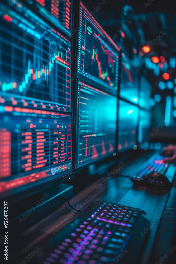Image of a sleek, modern workspace with multiple screens displaying cryptocurrency markets, coding software, and digital graphs, symbolizing a professional cryptocurrency trading environment.