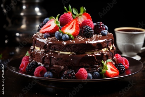 Chocolate cake with fruits, strawberries and cherries. Cake on a dark brown backgr, generative IA