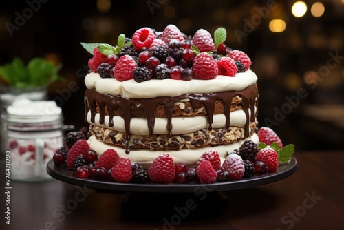 Chocolate cake with white cheese decorated ganache and raspberries in a white cake  generative IA