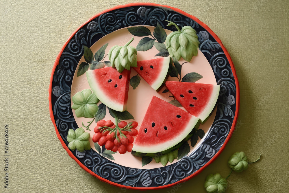 Four Watermelon Slices in a Ceramic Plate with Pattern on a Green Background - Generative AI Four Watermelon Slices in a Ceramic Plate with Pattern on a Green Background - Generative AI