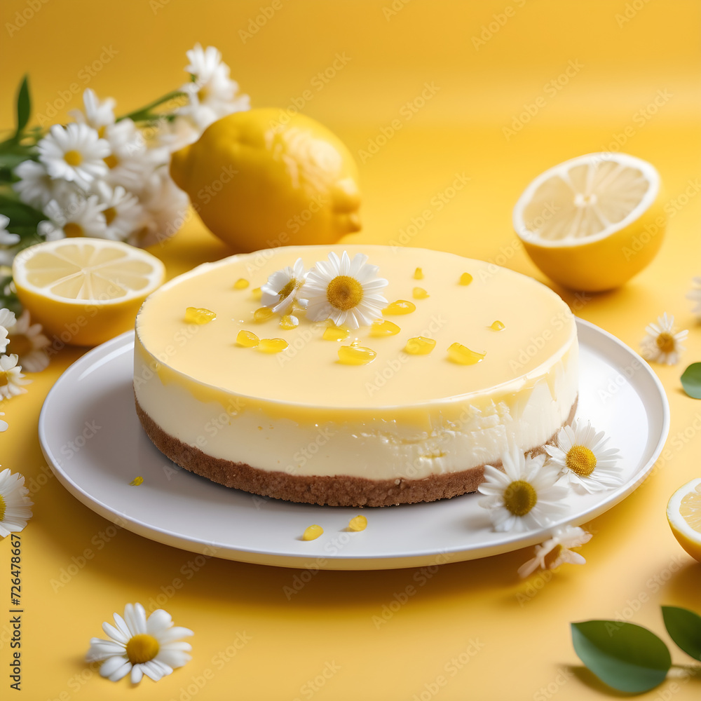 Fototapeta premium Lemon Cheesecake with cream, yellow background, white daisy flowers