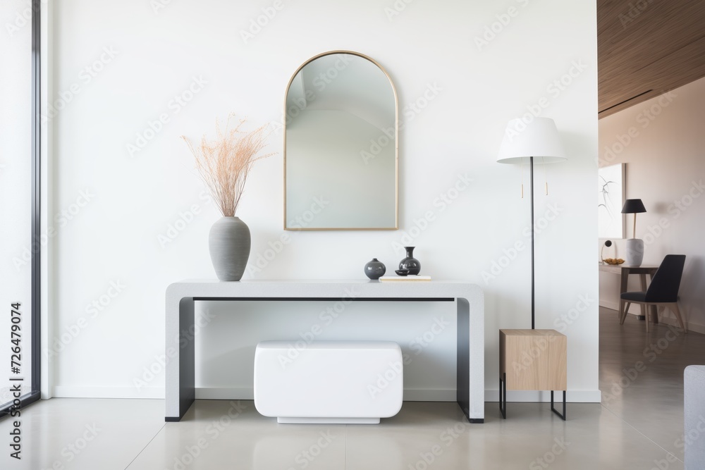 minimalist foyer with a sleek white console and large mirror