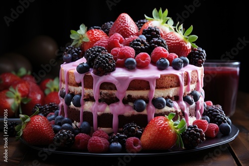 Strawberry cake decorated with wild fruits strawberry and blackberry  generative IA