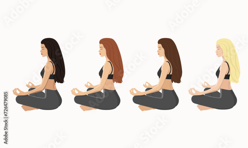Young woman is doing Yoga. Blonde, brunette, redhead and brown-haired character in Faceless style.        Vector illustration.