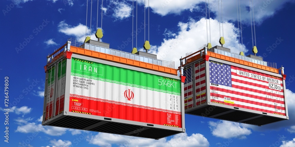 Shipping containers with flags of Iran and USA - 3D illustration