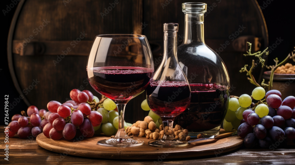 Fototapeta premium Red Wine and Grapes on a Wooden Table - Generative AI