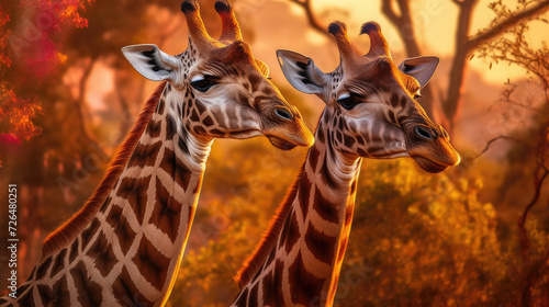 Two Giraffes in the Wild at Sunset - Generative AI