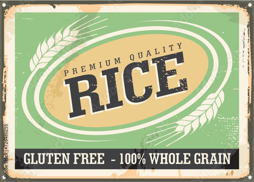 Grocery advertising sign for premium quality organic rice. Food vector illustration. Whole grain rice promotional poster template.