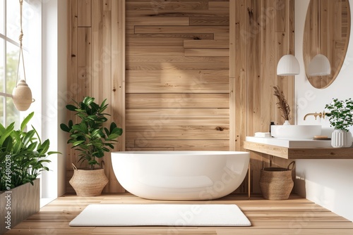 Modern stylish bathroom with white toilet bathtub and wooden walls in a minimalist style at simple apartment of hotel room or spa center. Interior design concept