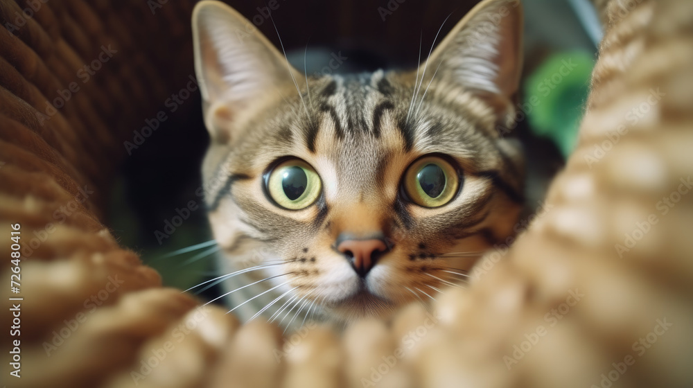 Fototapeta premium Curious Cat Peeking Through Wicker Basket - Generative AI