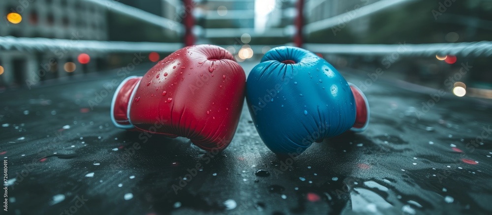 Red and blue gloves in boxing ring.