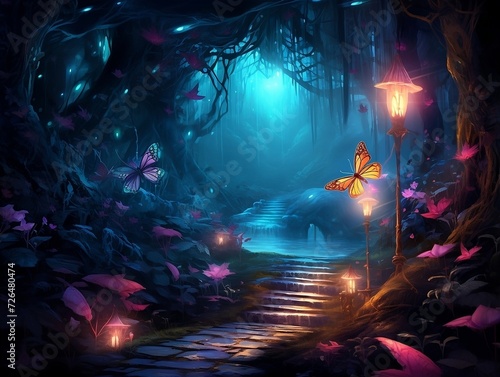 Fairy forest path with colorful butterflies