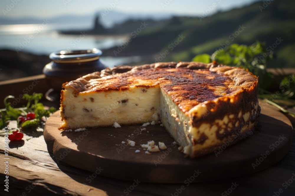Obraz premium Cheesecake Burned Basque Homemade Style, San Sebastian Cake, generative IA