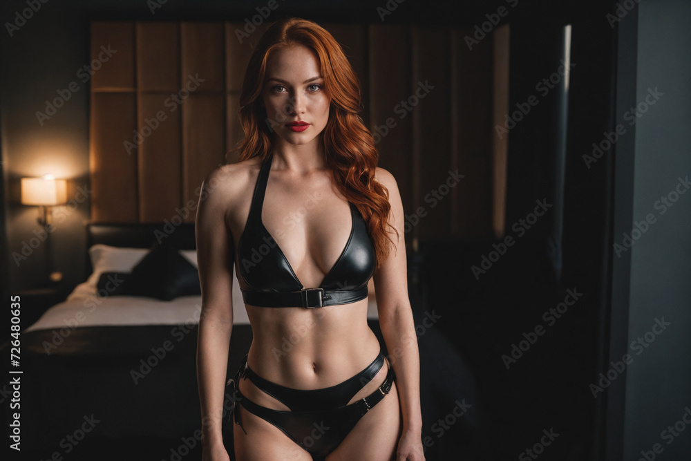 Young bdsm style red hair sexy woman portrait in black latex suit or lingerie. Generative Ai
