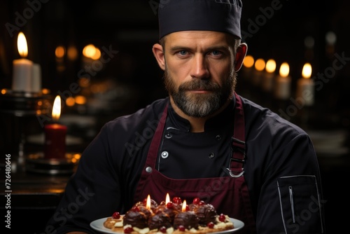 Male chef cook uniform holding the dessert cake on the plate, generative IA