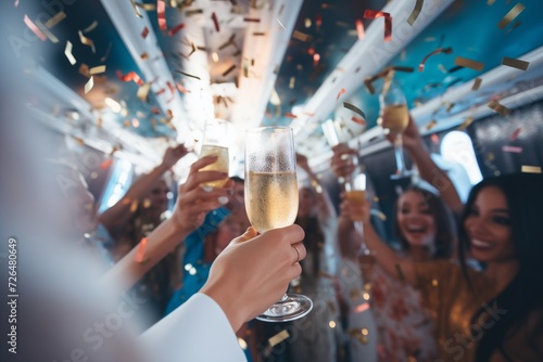 party people clinking glasses in festive limo interior photo
