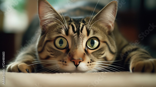 Tabby Cat with Green Eyes Lounging on a Bed - Generative AI © Zeynep