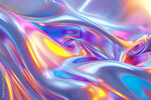 Abstract 3d render of light emitter glass with iridescent holographic vibrant gradient wave texture. 