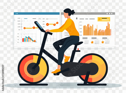 girl cycling at home, exercise clipart illustration of a girl on bike fitting, person riding a bicycle, Caucasian woman in bicycle flat color vector detailed character. Girl on bike