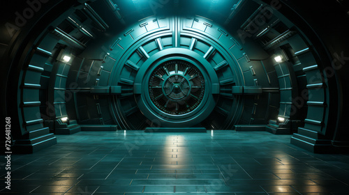 Massive Vault Door in a Dark Room, Depicting Security and Safety in a Bank or Secure Facility with a Futuristic and Impenetrable Design