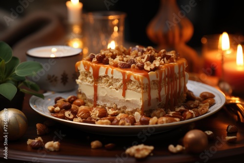 Delicious caramel cake and peanuts with peanuts and caramel bullets, upper view, generative IA