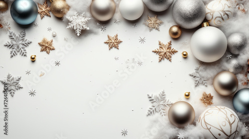 Elegant Christmas Border with White and Silver Ornaments, Snowflakes, and Festive Decorations on a Blank Snowy Background for Holiday Greetings.