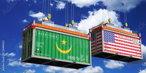 Shipping containers with flags of Mauritania and USA - 3D illustration