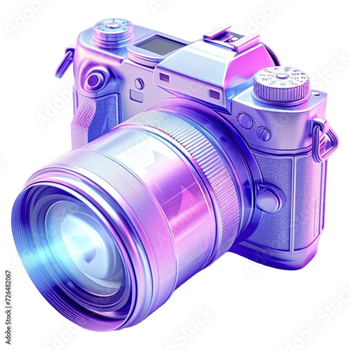  a 3d camera illustration glowing in light indigo and silver neon and isolated on a transparent background