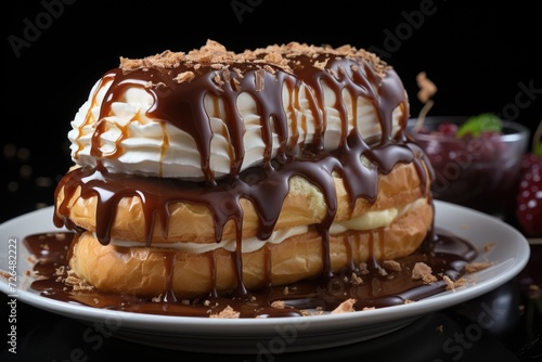 Chocolate syrup eclair indulgence with whipped cream generated by, generative IA
