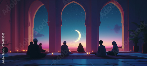 Leinwand Poster In the quietude of a prayer room, a Muslim family engages in nightly Tarawih pra