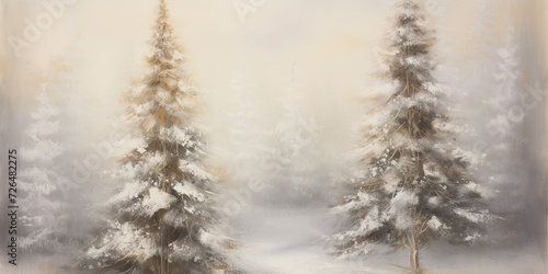 Winter cold snow xmas new year vibe pine trees under snow. Plant foliage background in vintage grey