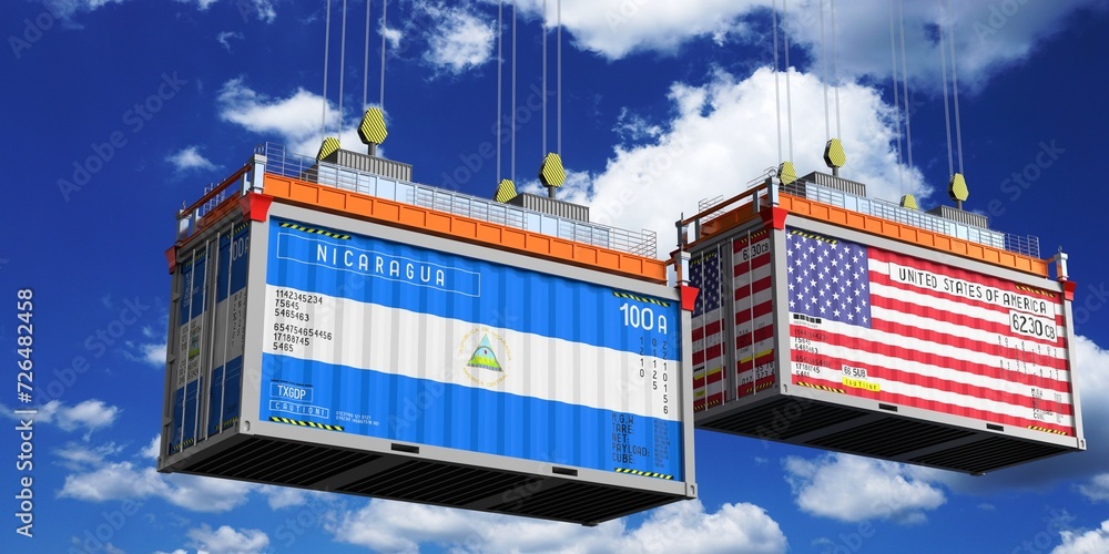 Shipping containers with flags of Nicaragua and USA - 3D illustration