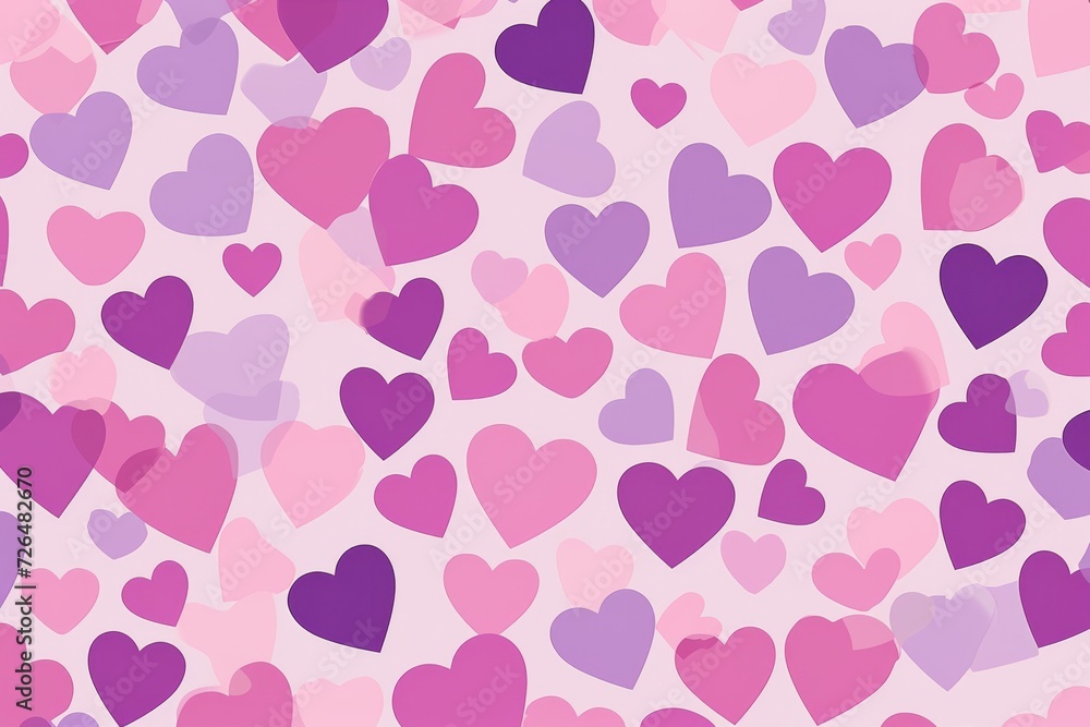 Valentine's Day background. Pastel pink background, scattered abstract hearts in varying shades of pink and lavender, creating a whimsical pattern