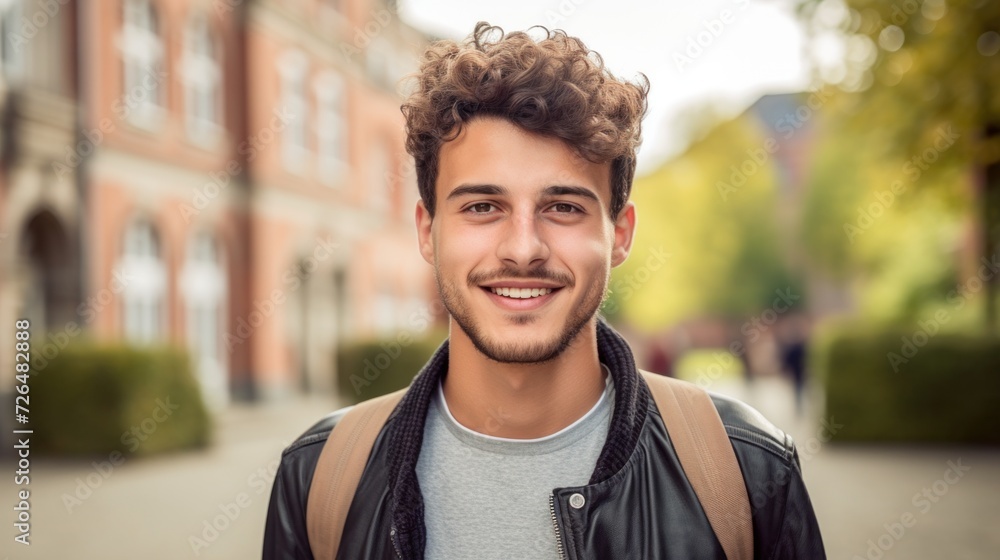 Candid and diverse, a cheerful student exudes positivity by the college. Candid and diverse, a cheerful student exudes positivity by the college.