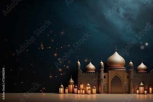 Ramadan Kareem greeting with Islamic city with mosque, crescent moon and stars on dark blue twilight sky and Crescent Moon on background, islamic religion Ramadan Eid al-Adha, Eid al-fitr. 